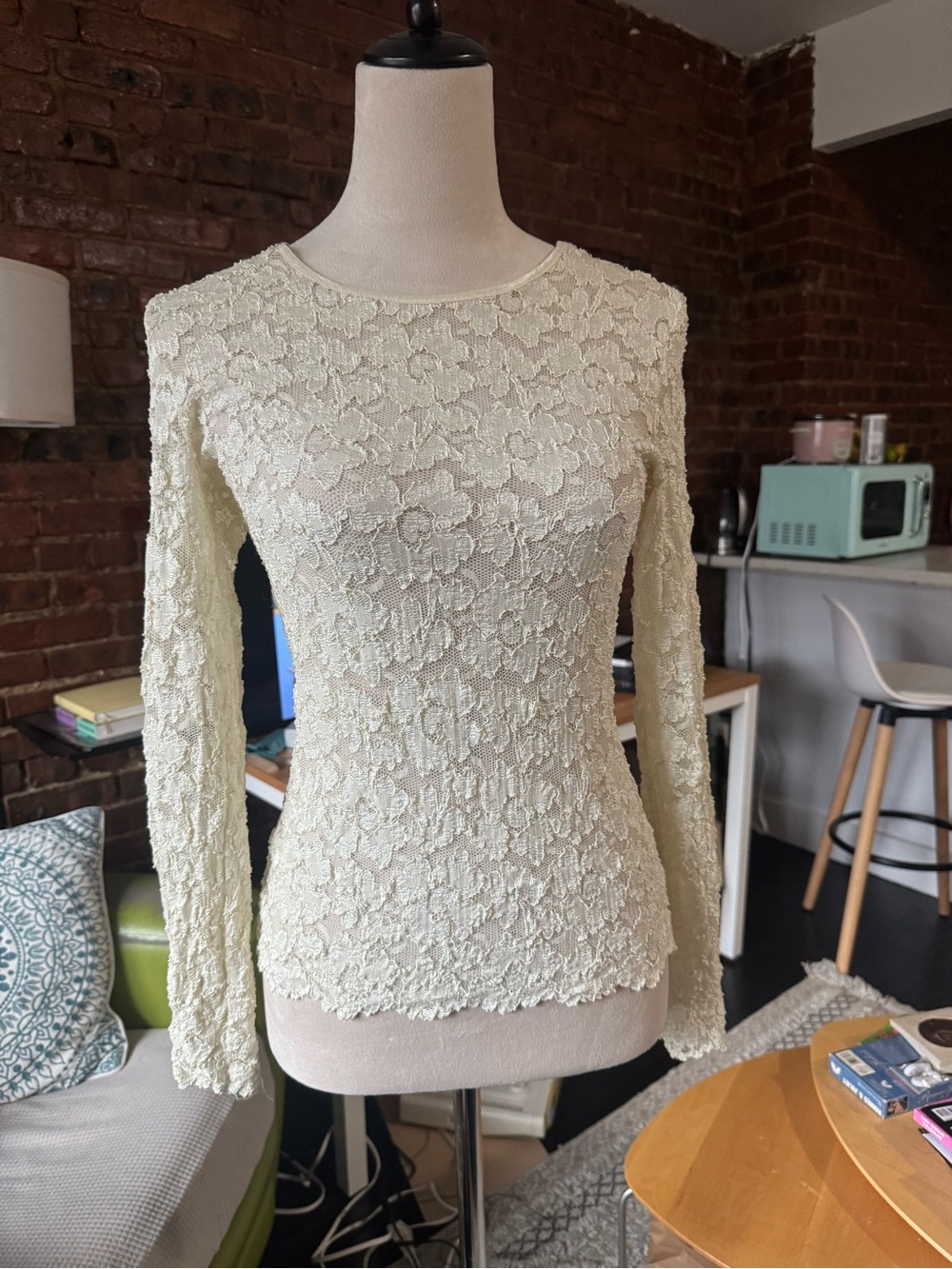 Vintage Pierre Cardin Cream Floral Lace Long-Sleeve Top